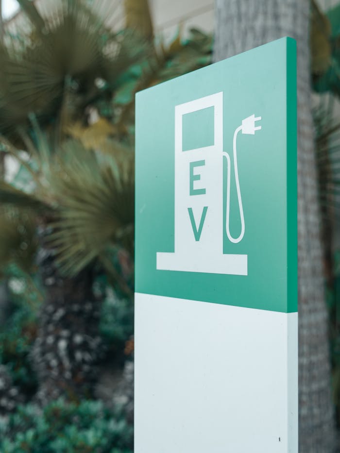 services-05 Close-up of a green and white electric vehicle charging station sign with nature background.